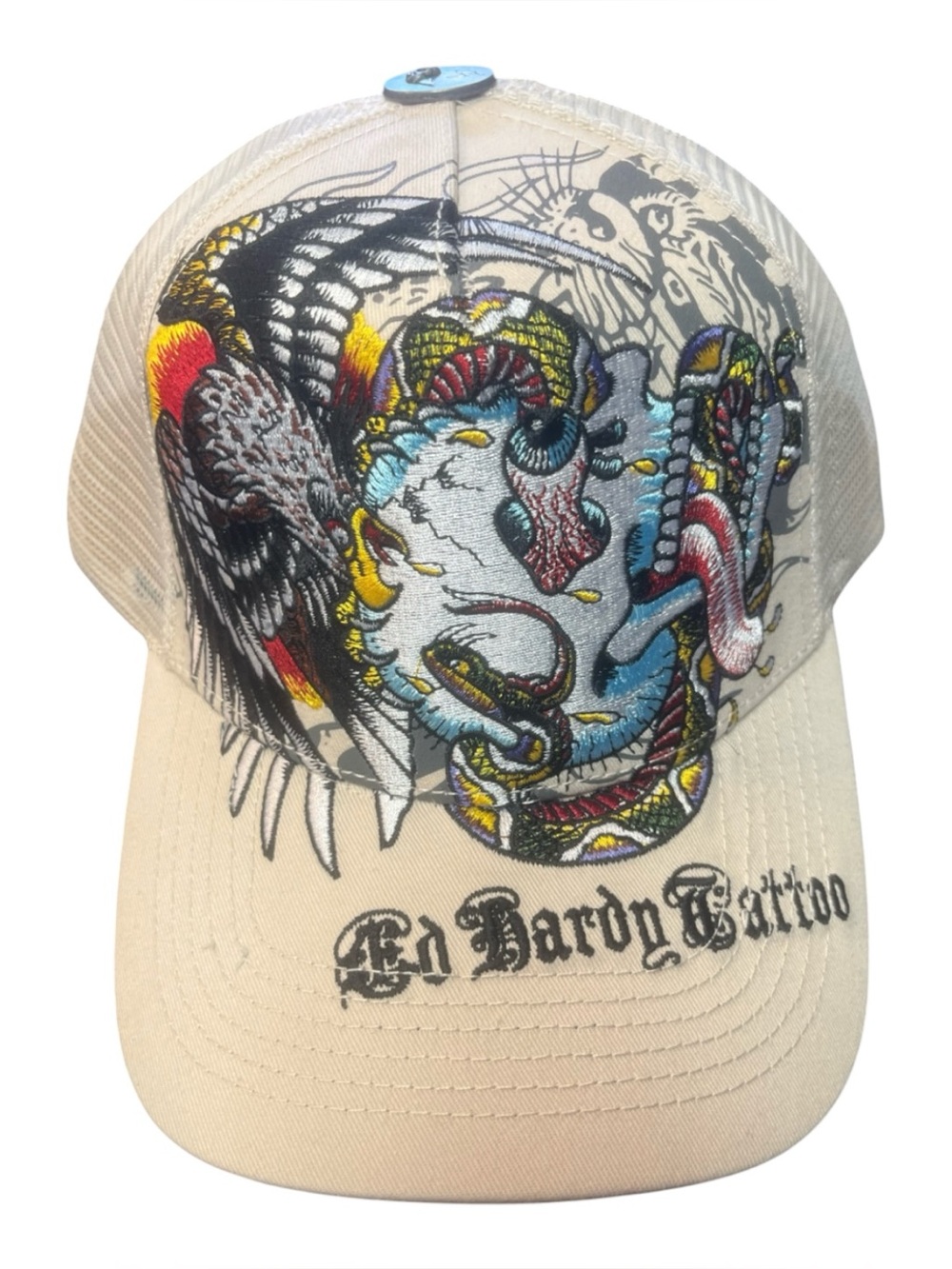 Ed Hardy Blue Brim Cream Mesh Trucker Cap